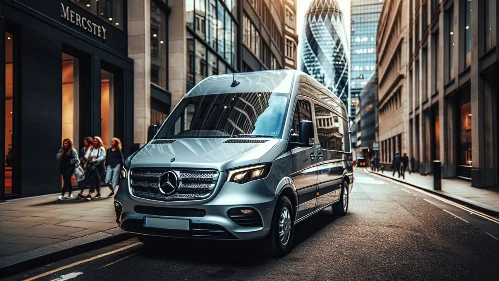 Srebrny bus Mercedes stoi na ulicy w centrum miasta między wysokimi budynkami.