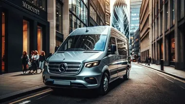 Srebrny bus Mercedes stoi na ulicy w centrum miasta między wysokimi budynkami.