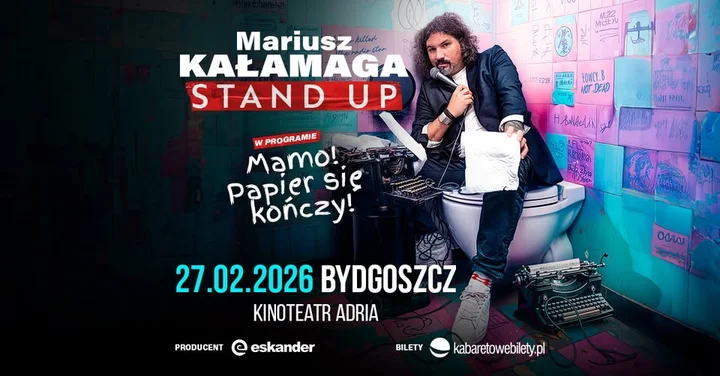 Obrazek przedstawia grafikę promocyjną wydarzenia Stand-up Mariusza Kałamagi w Bydgoszczy — „Mamo! Papier się kończy!”
