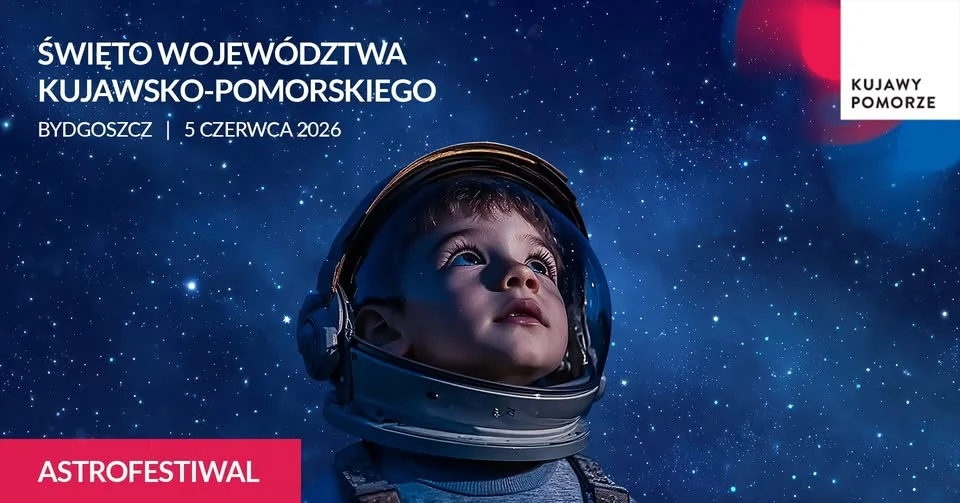Grafika promocyjna wydarzenia ASTROFESTIWAL 2026 w Bydgoszczy: kosmiczny wieczór na Wyspie Młyńskiej