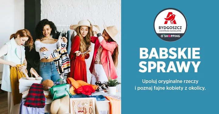 Grafika promocyjna wydarzenia Babskie Sprawy w CH Auchan Bydgoszcz — giełda ubrań i wymiana garderoby