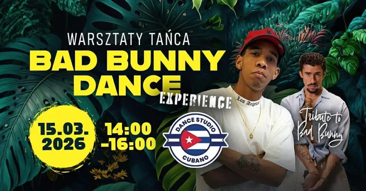 Grafika promocyjna wydarzenia Bad Bunny Dance Experience — warsztaty tańca w Bydgoszczy