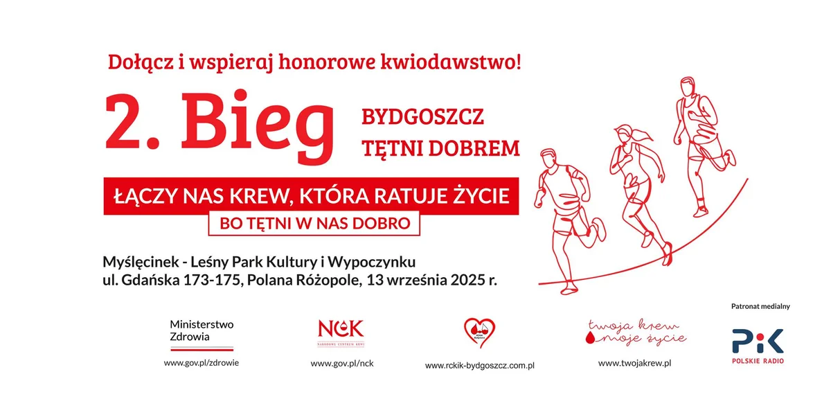 Grafika promocyjna wydarzenia Bieg charytatywny promujący honorowe krwiodawstwo w Bydgoszczy