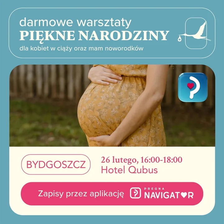 Grafika promocyjna wydarzenia Piękne Narodziny – bezpłatne warsztaty dla kobiet w ciąży w Bydgoszczy