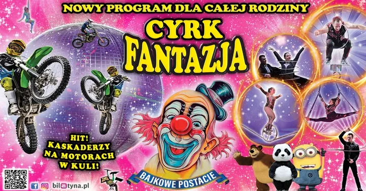 Grafika promocyjna wydarzenia Cyrk Fantazja w Bydgoszczy — widowisko 2026 z motocyklową kulą