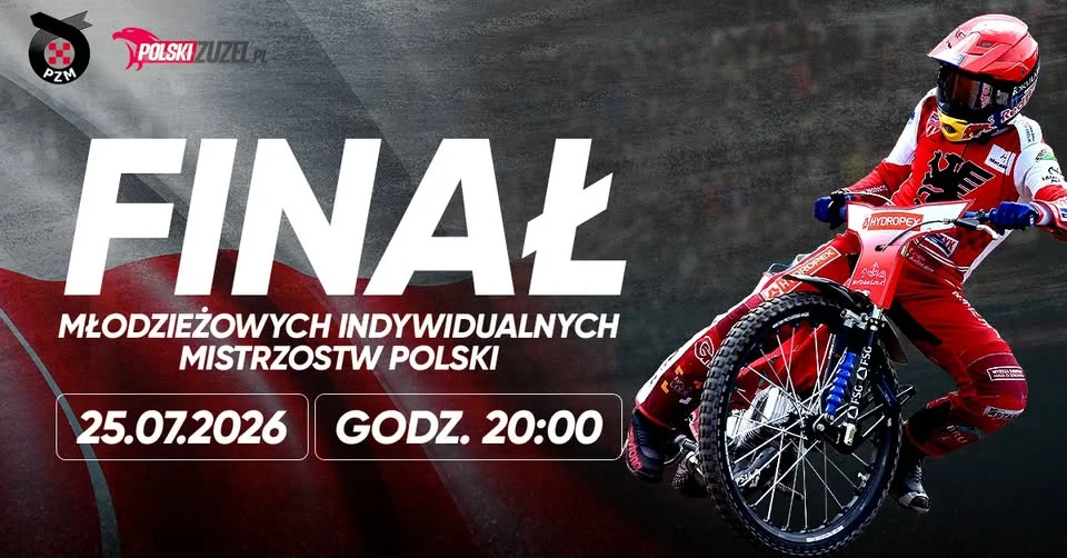 Grafika promocyjna wydarzenia Finał Młodzieżowych Indywidualnych Mistrzostw Polski na Żużlu: wielkie emocje
