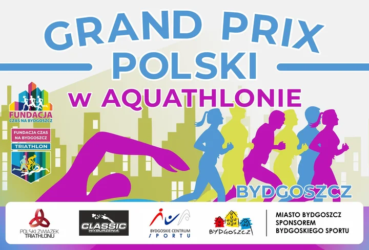 Grafika promocyjna wydarzenia Grand Prix Polski w Aquathlonie Bydgoszcz — termin, kategorie i dystanse