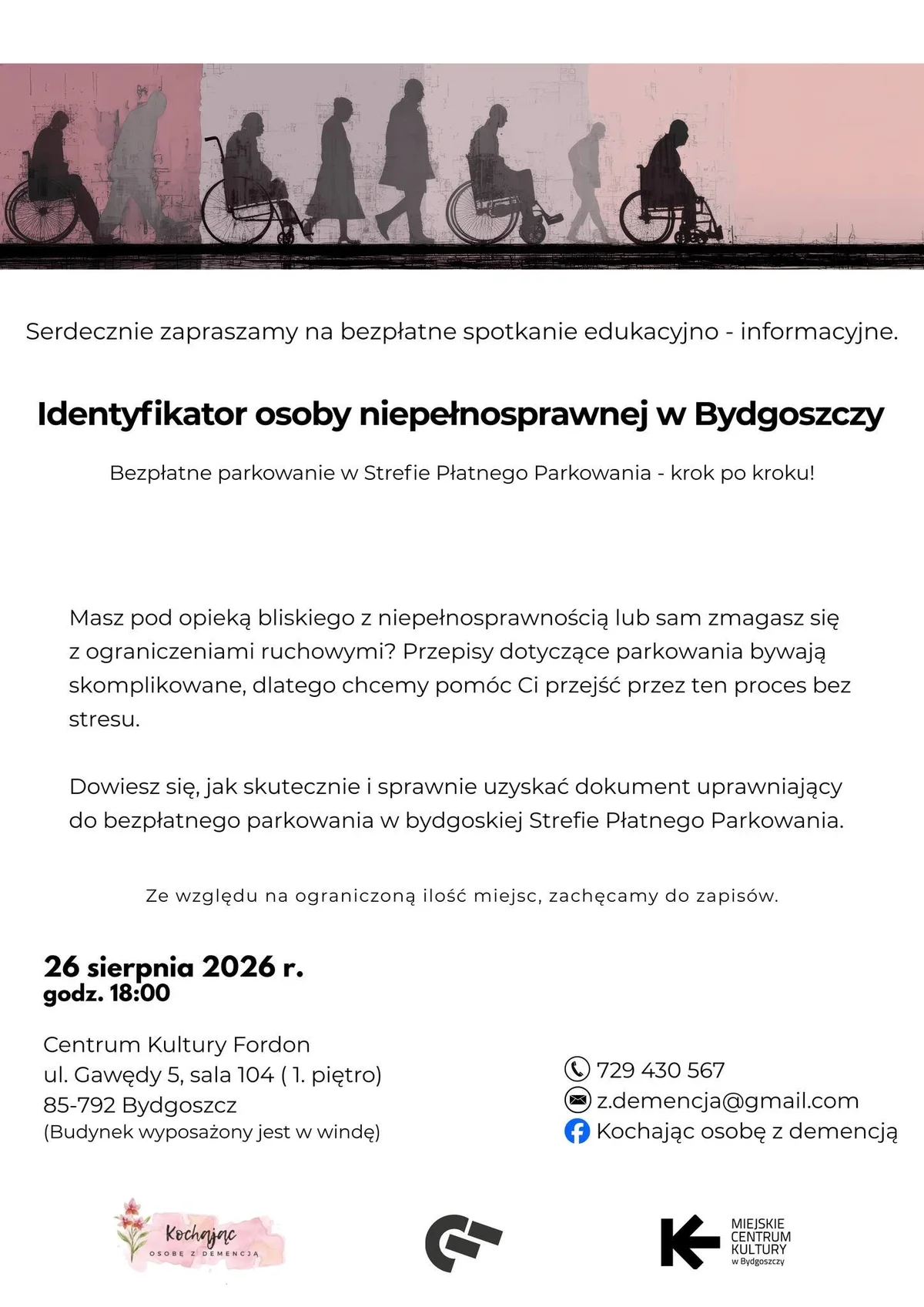 Grafika promocyjna wydarzenia Identyfikator osoby niepełnosprawnej w Bydgoszczy – spotkanie z ekspertem i parkowanie