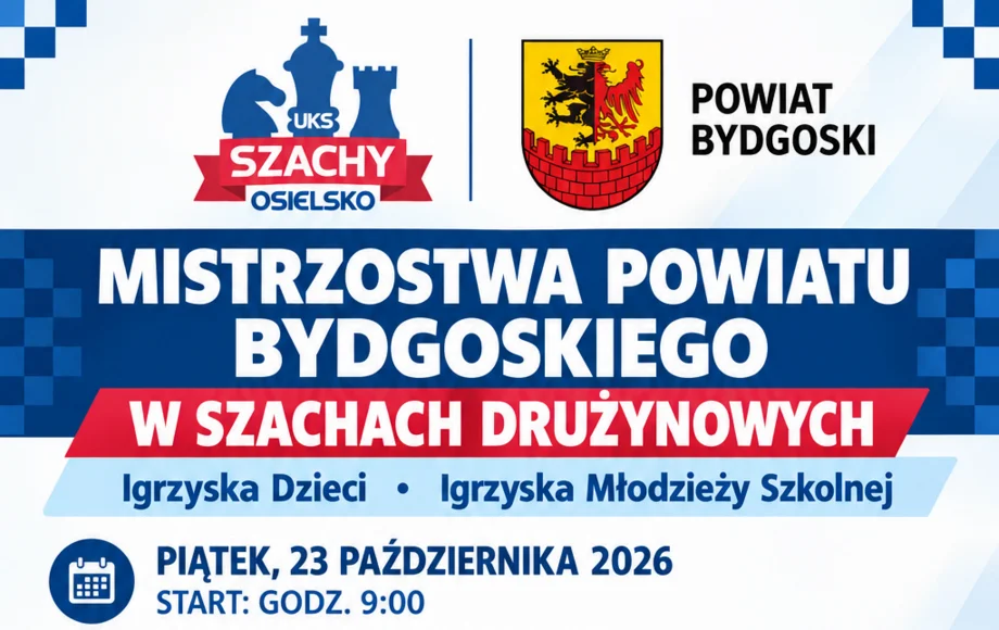 Grafika promocyjna wydarzenia Mistrzostwa Powiatu Bydgoskiego w Szachach Drużynowych