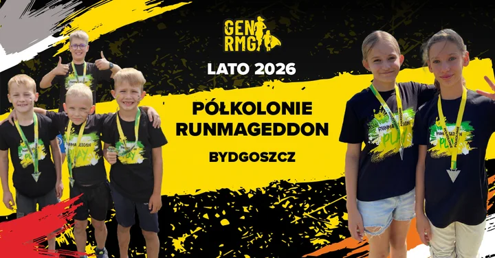 Grafika promocyjna wydarzenia Półkolonie Runmageddon 2026 w Bydgoszczy — letnie turnusy dla dzieci
