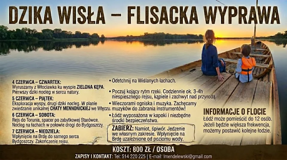 Grafika promocyjna wydarzenia Rejs Włocławek-Bydgoszcz – Rejs Flisacki po Wiśle