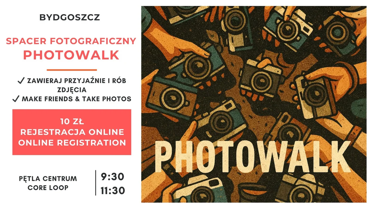 Grafika promocyjna wydarzenia Spotkanie z przyjaciółmi & fotograficzny spacer w Bydgoszczy
