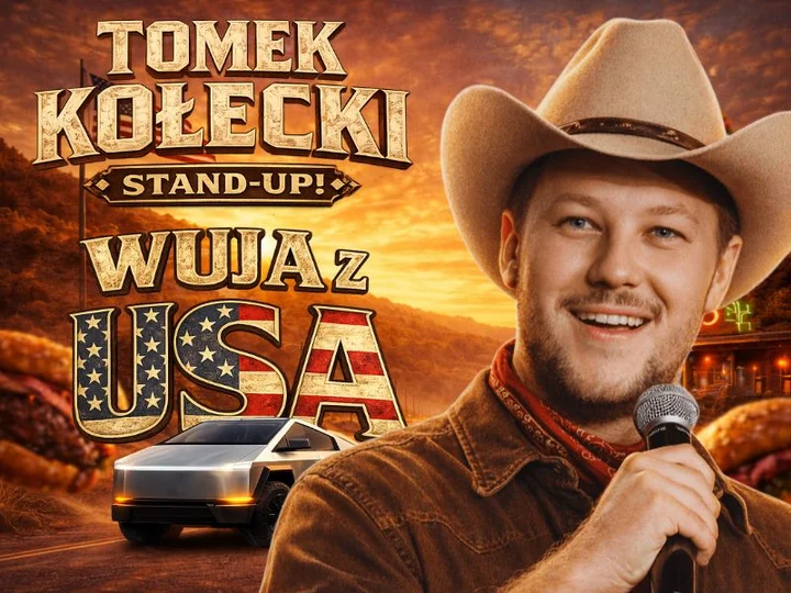 Grafika promocyjna wydarzenia Stand-up Tomek Kołecki „Wuja z USA” w Bydgoszczy