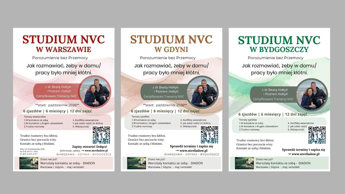 Grafika promocyjna wydarzenia Studium NVC: Warszawa, Gdynia, Bydgoszcz – jesień 2026