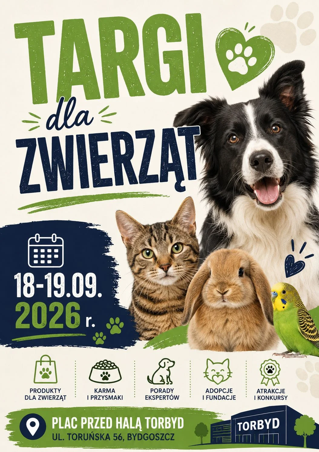 Grafika promocyjna wydarzenia Targi dla Zwierząt Bydgoszcz – atrakcje i informacje