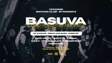 Grafika promocyjna wydarzenia BASUVA w Botanic Bydgoszcz — UK Garage, Drum & Bass, Dubstep i Jungle (13–14 marca 2026)