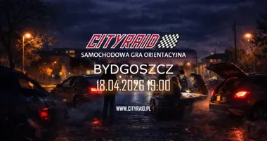 Grafika promocyjna wydarzenia CITYRAID Bydgoszcz: samochodowa gra orientacyjna z nagrodami