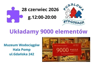 Grafika promocyjna wydarzenia Puzzlowa Bydgoszcz na Strefie: wielkie puzzle 9000 elementów w Muzeum Wodociągów