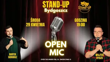 Grafika promocyjna wydarzenia Stand-Up Open Mic Bydgoszcz: wieczór z nowymi żartami i lokalnymi komikami