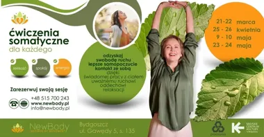 Grafika promocyjna wydarzenia Warsztaty somatyczne I Bydgoszcz — weekendowy kurs uważnego ruchu