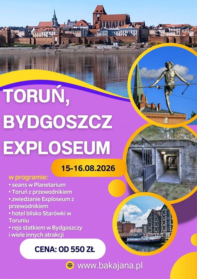 Grafika promocyjna wydarzenia Weekend w Toruniu i Bydgoszczy z wizytą w Exploseum