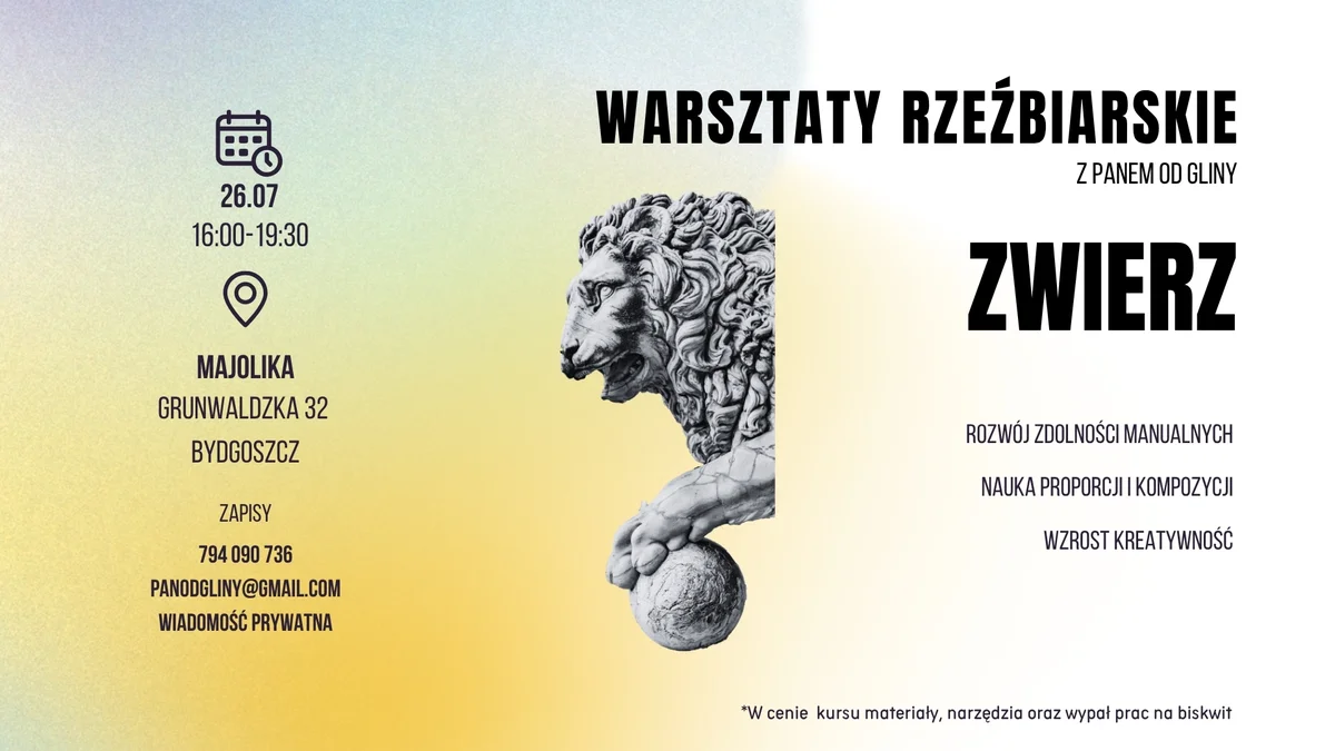 Grafika promocyjna wydarzenia Warsztaty rzeźbiarskie z modelowania zwierząt w Bydgoszczy