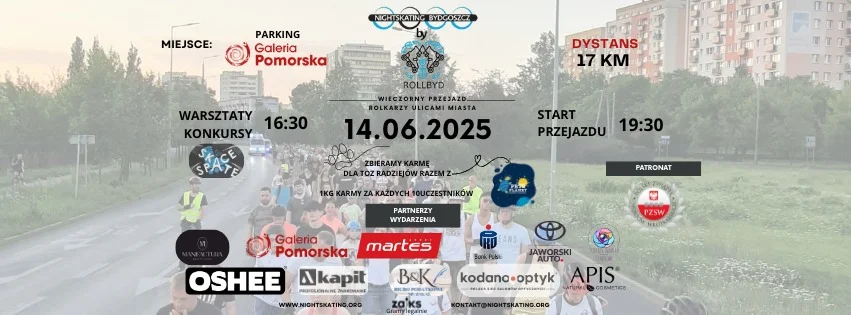Grafika promocyjna wydarzenia Wieczorny przejazd rolkarzy ulicami Bydgoszczy z dodatkowymi atrakcjami