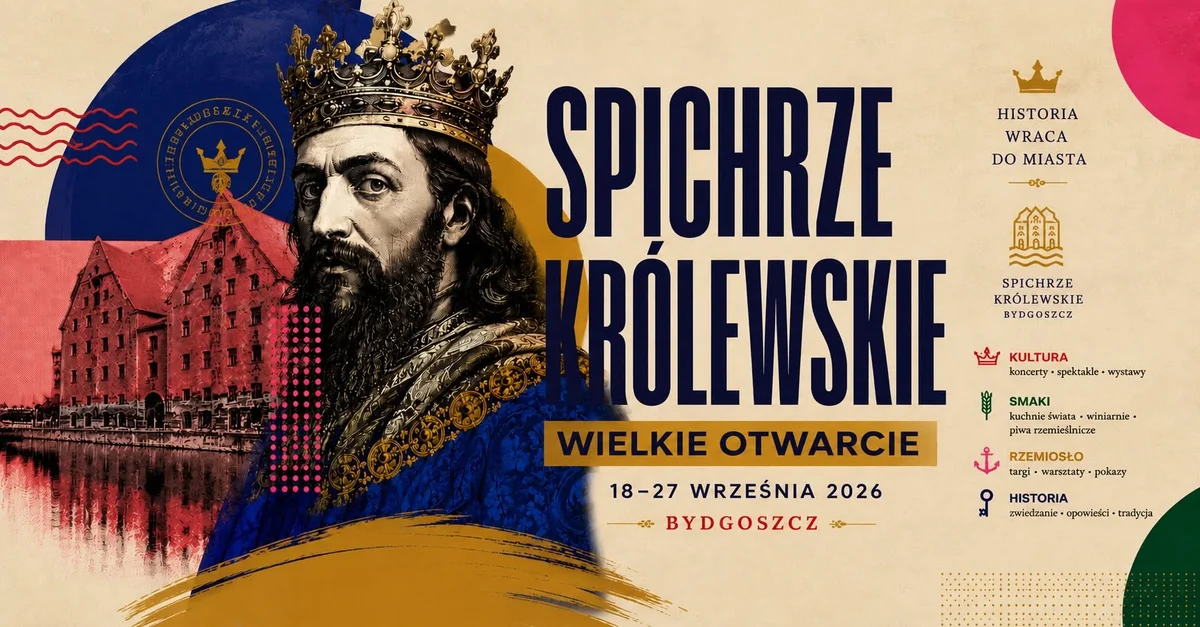 Grafika promocyjna wydarzenia Wielkie Otwarcie Spichrzy Królewskich – Bydgoszcz 2026: królewska historia