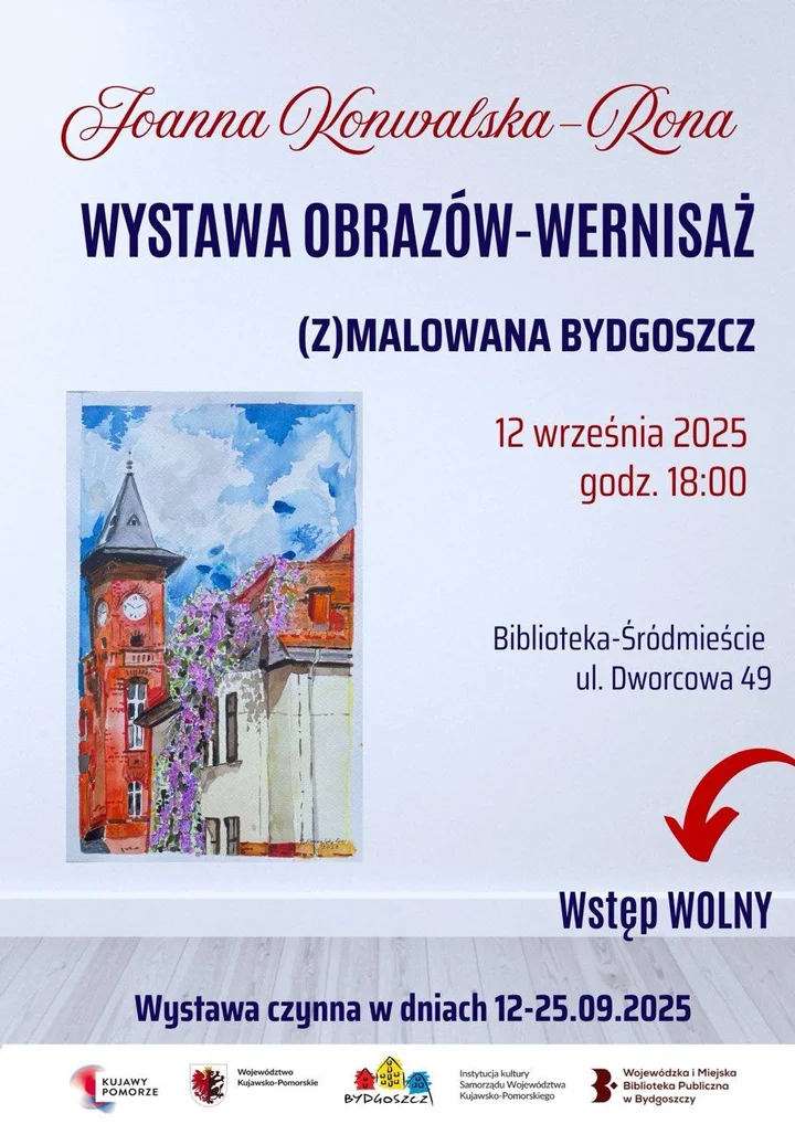 Obrazek przedstawia grafikę promocyjną wydarzenia Wernisaż wystawy Malowana Bydgoszcz — plakat autorstwa artysty