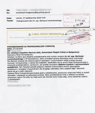 Czynności w sprawie wykroczeń, a potem podziękowanie dla policjanta z Szwederowa
