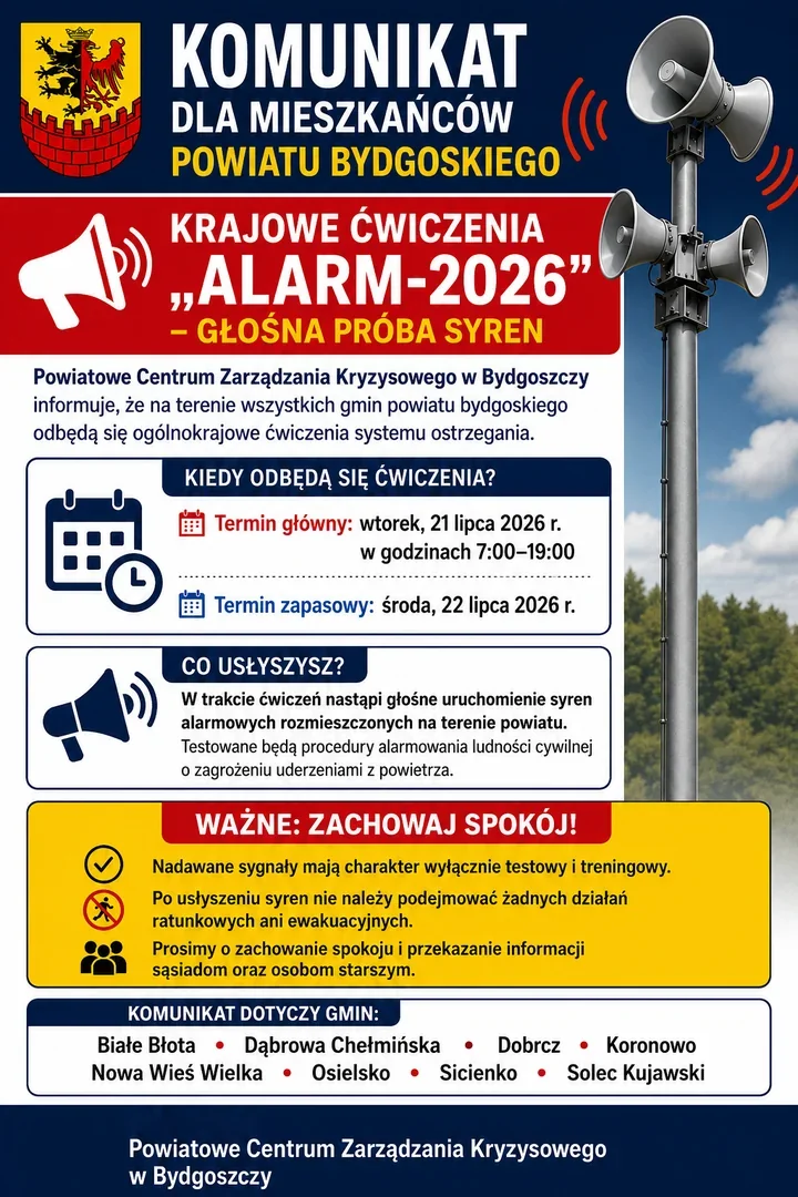 Syreny alarmowe zabrzmią w powiecie bydgoskim. To będą ćwiczenia